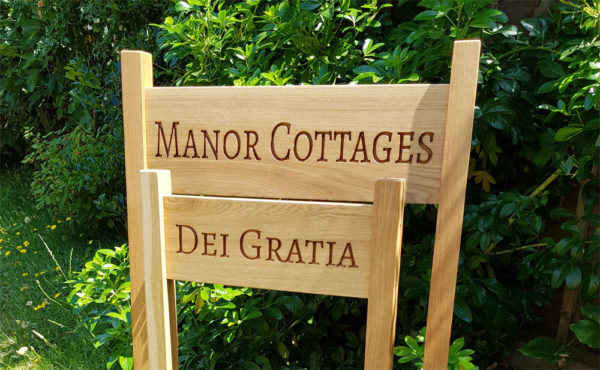 Oak House Sign with posts, carved, personalised custom engraved wooden plaque